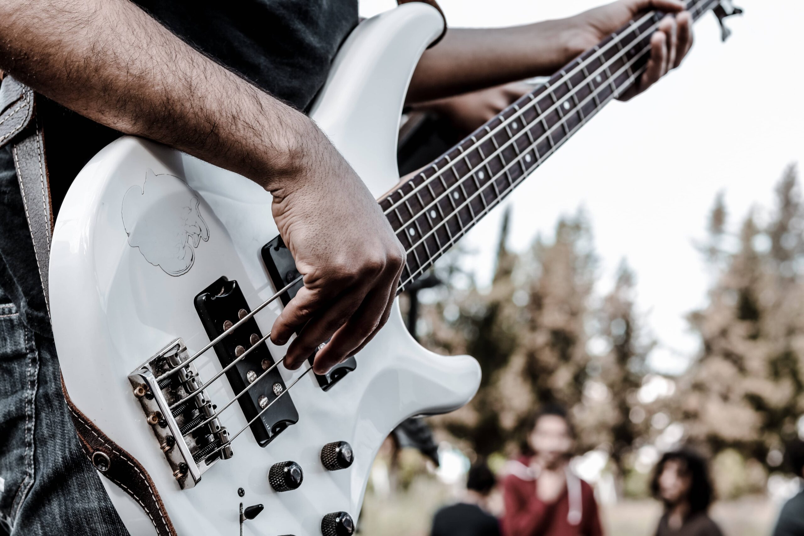 Close up of bass guitar